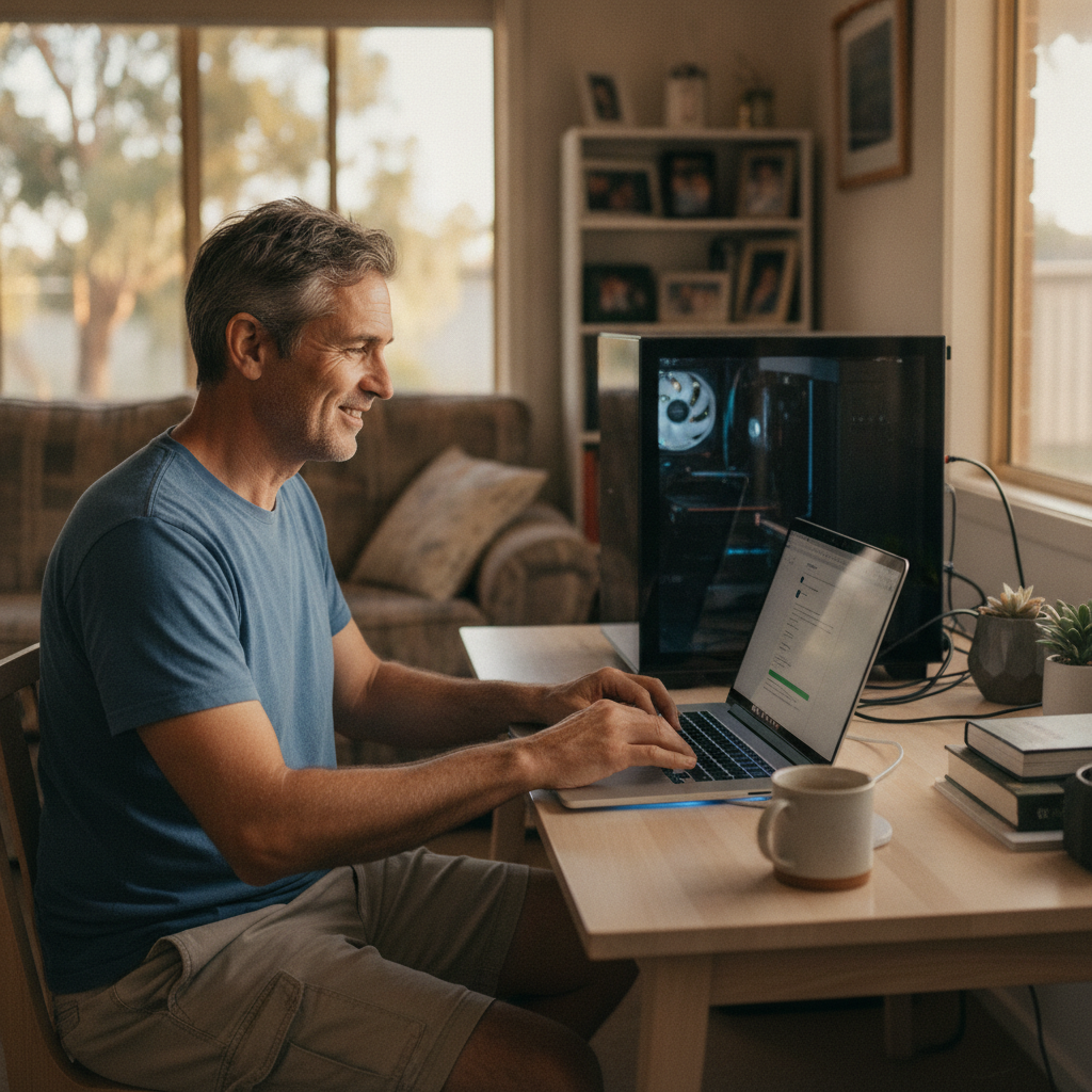 Computer cleaning in Huntingdale (6110) — a local resident at home with a clean, fast, dust-free computer running cool and quiet