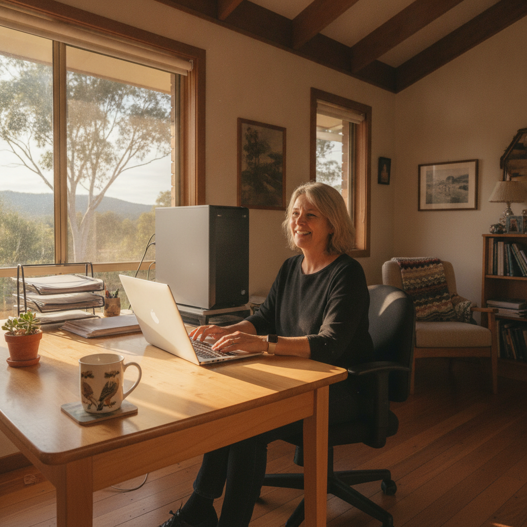 Professional computer clean-out in Huon Creek (3691) — a happy Victoria resident at home with a spotless, fast, quiet machine