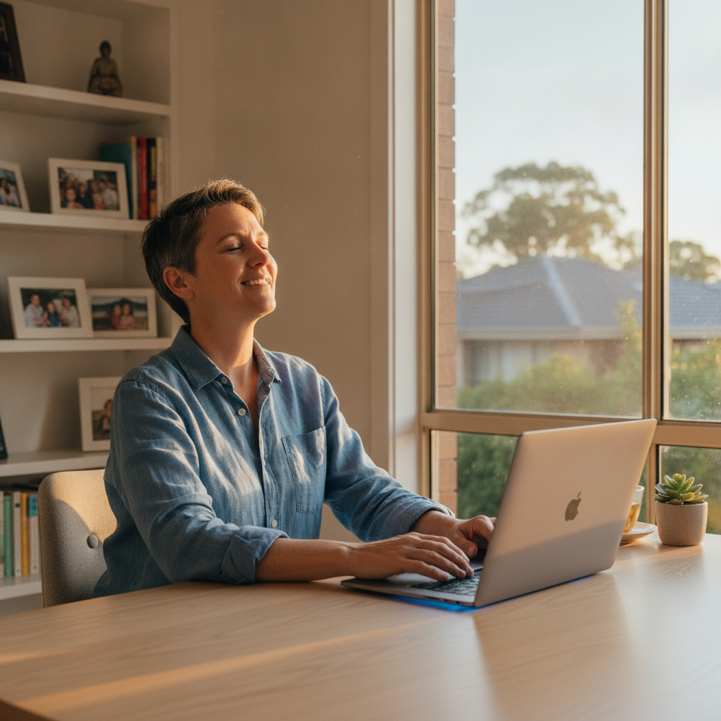 Professional computer clean-out in Hurstville Westfield (2220) — a happy New South Wales resident at home with a spotless, fast, quiet machine