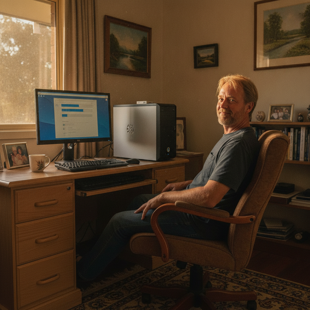 Professional computer clean-out in Hyndmans Creek (2446) — a happy New South Wales resident at home with a spotless, fast, quiet machine