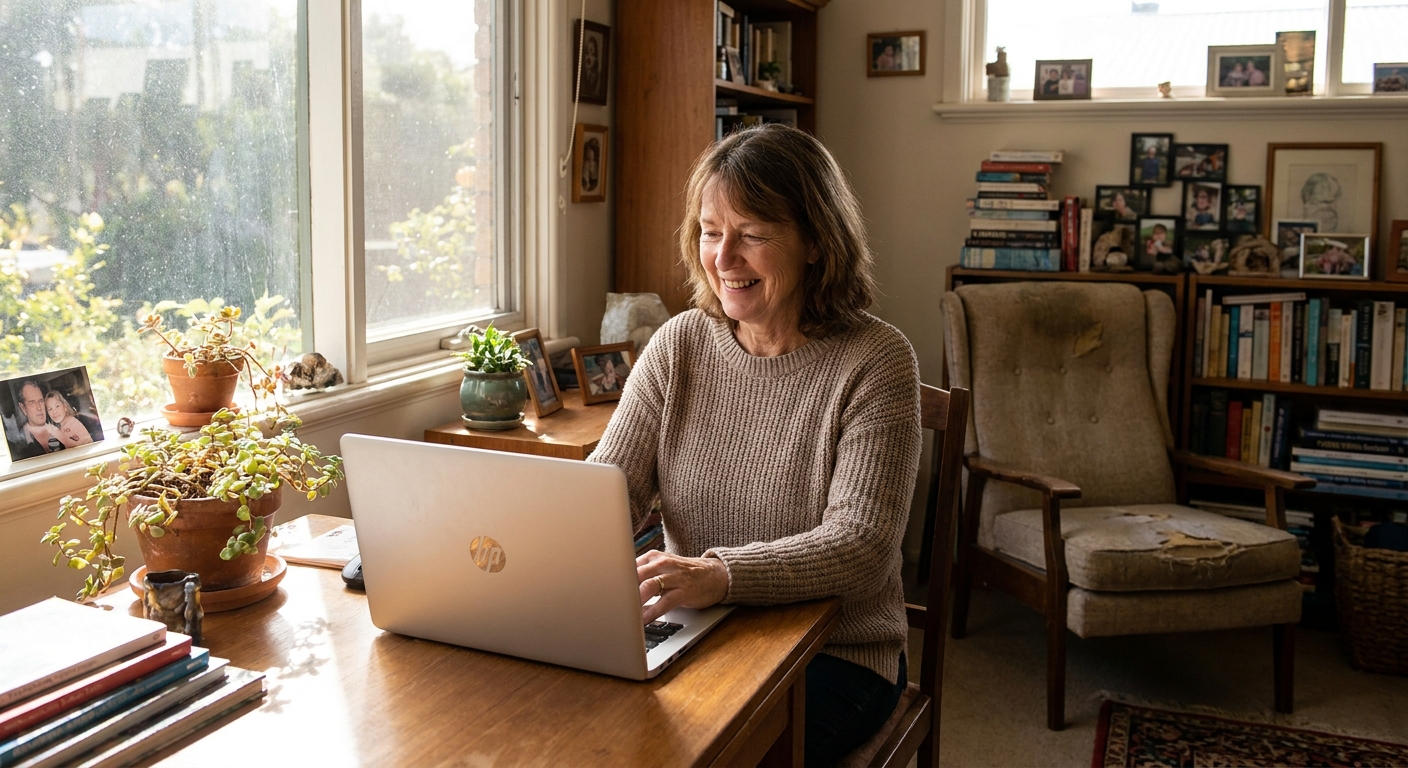 Professional computer clean-out in Indented Head (3223) — a happy Victoria resident at home with a spotless, fast, quiet machine