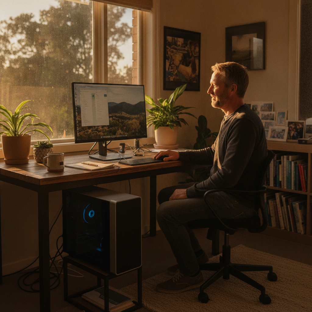 Professional computer clean-out in Ironbank (5153) — a happy South Australia resident at home with a spotless, fast, quiet machine