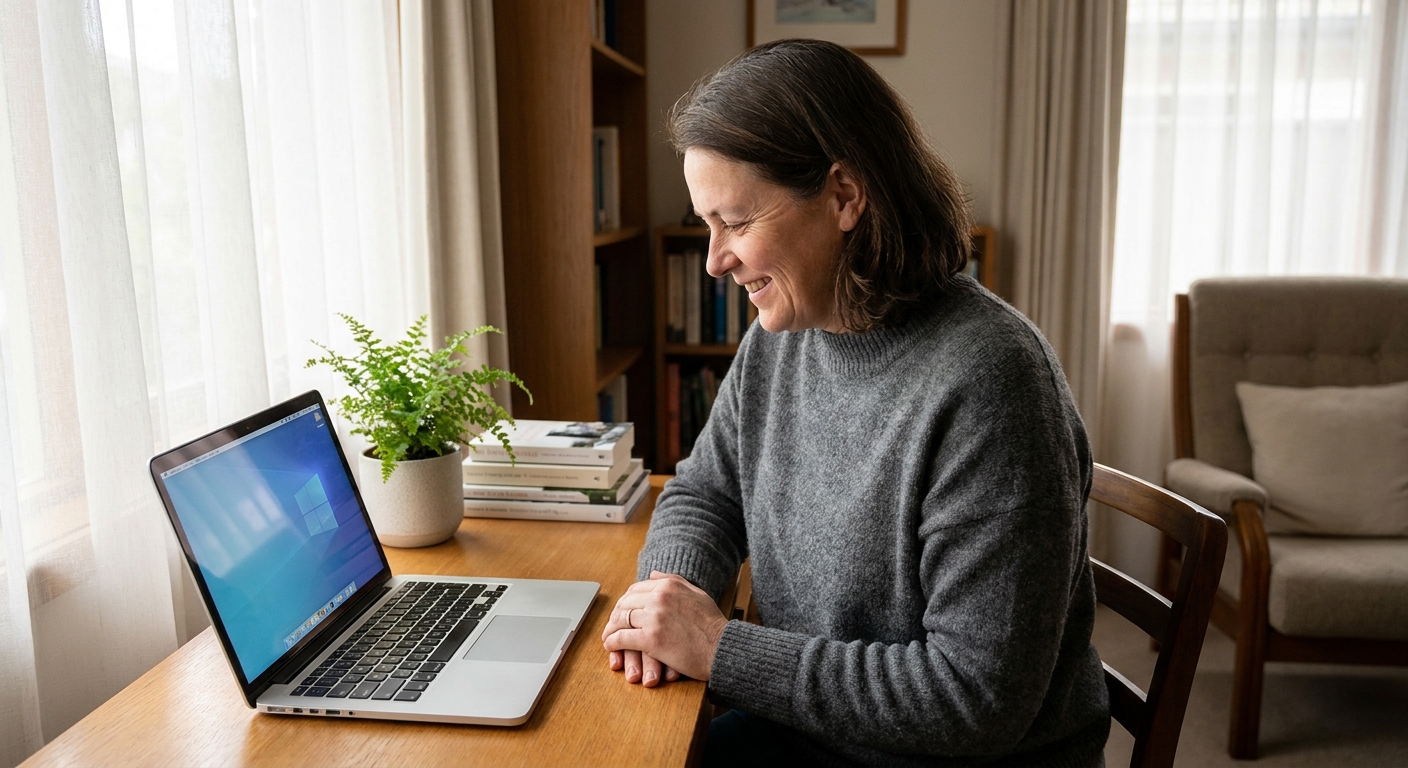 Professional computer clean-out in Ivanhoe North (3079) — a happy Victoria resident at home with a spotless, fast, quiet machine