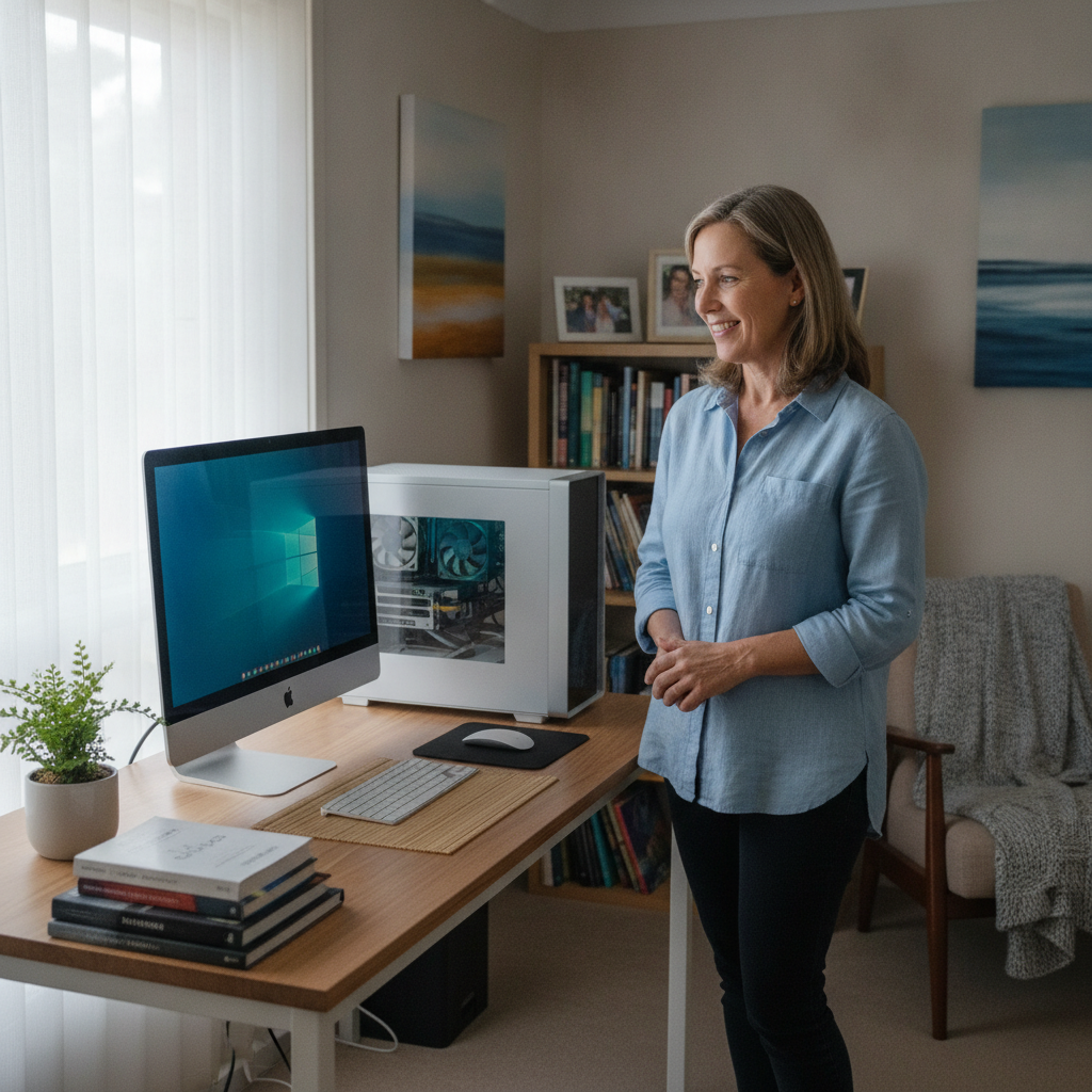 Professional computer clean-out in Jamboree Heights (4074) — a happy Queensland resident at home with a spotless, fast, quiet machine
