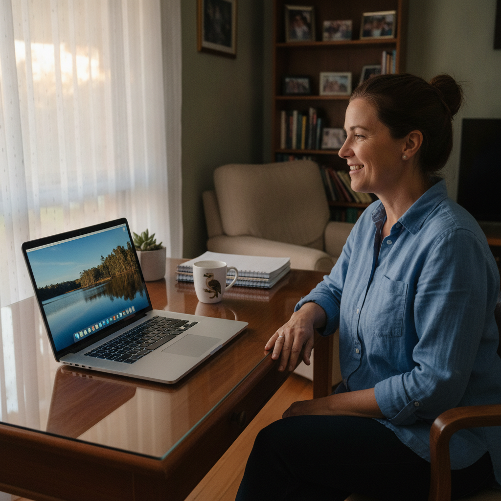 Professional computer clean-out in Jandakot (6164) — a happy Western Australia resident at home with a spotless, fast, quiet machine