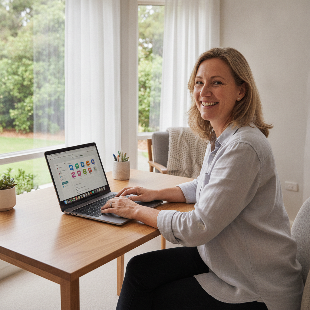 Professional computer clean-out in Jane Brook (6056) — a happy Western Australia resident at home with a spotless, fast, quiet machine