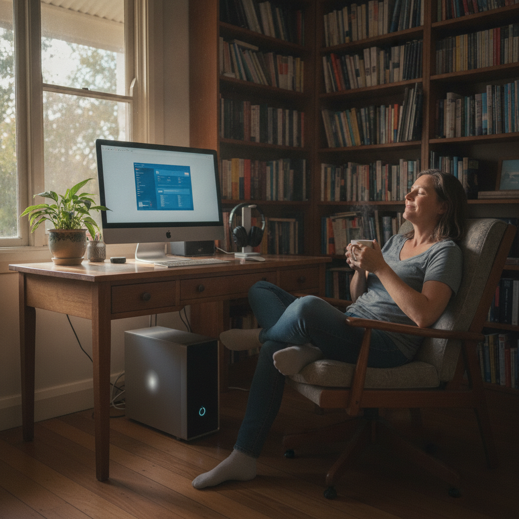 Professional computer clean-out in Jembaicumbene (2622) — a happy New South Wales resident at home with a spotless, fast, quiet machine