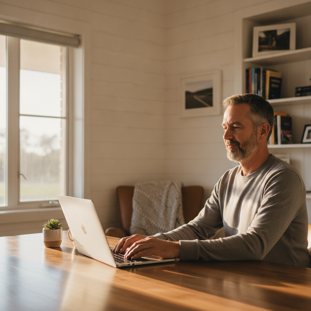 Professional computer clean-out in Jeogla (2350) — a happy New South Wales resident at home with a spotless, fast, quiet machine