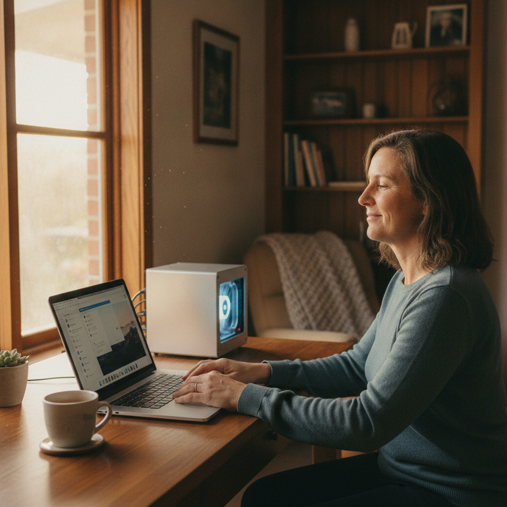 Professional computer clean-out in Junee Reefs (2666) — a happy New South Wales resident at home with a spotless, fast, quiet machine