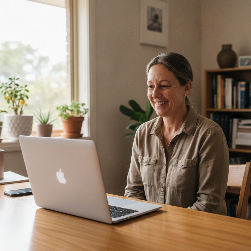 Professional computer clean-out in Kalamunda (6076) — a happy Western Australia resident at home with a spotless, fast, quiet machine