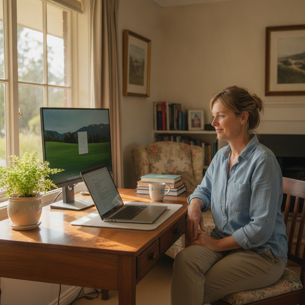 Professional computer clean-out in Kalang (2454) — a happy New South Wales resident at home with a spotless, fast, quiet machine