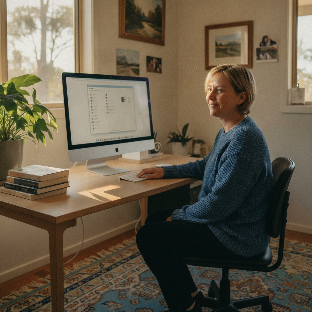 Professional computer clean-out in Kariong (2250) — a happy New South Wales resident at home with a spotless, fast, quiet machine