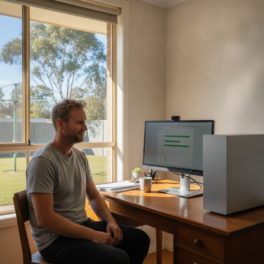 Professional computer clean-out in Karrakup (6122) — a happy Western Australia resident at home with a spotless, fast, quiet machine