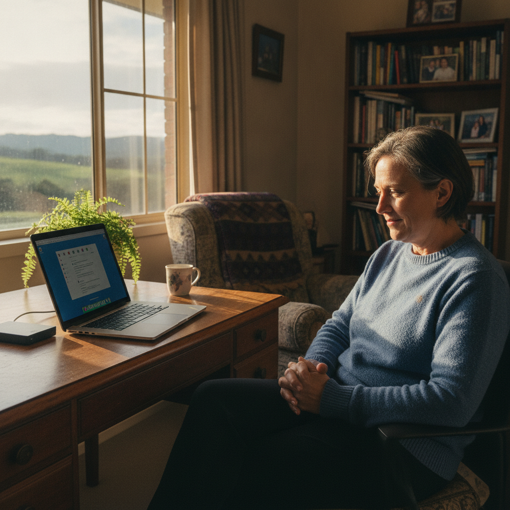 Professional computer clean-out in Kembla Heights (2526) — a happy New South Wales resident at home with a spotless, fast, quiet machine