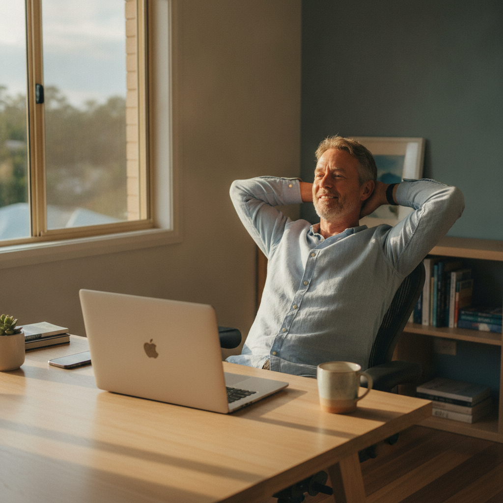 Professional computer clean-out in Kenmore East (4069) — a happy Queensland resident at home with a spotless, fast, quiet machine