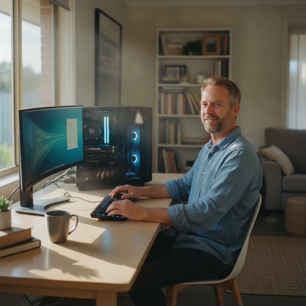 Professional computer clean-out in Keysbrook (6126) — a happy Western Australia resident at home with a spotless, fast, quiet machine