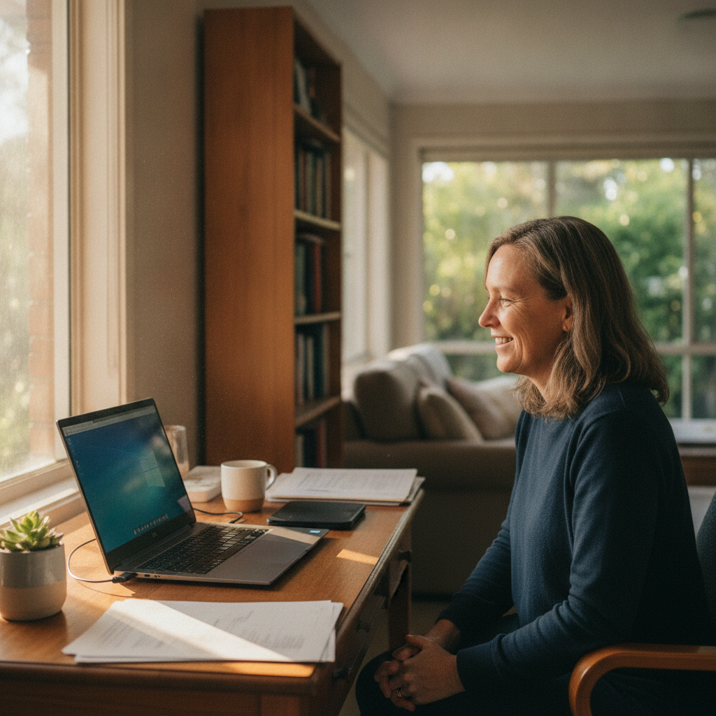 Professional computer clean-out in Kianga (2546) — a happy New South Wales resident at home with a spotless, fast, quiet machine