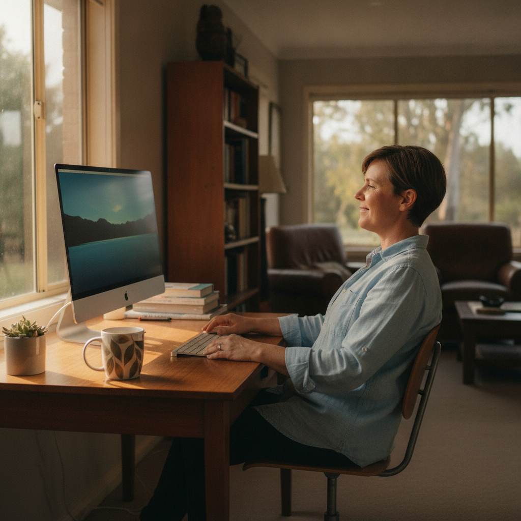 Professional computer clean-out in Kilgin (2472) — a happy New South Wales resident at home with a spotless, fast, quiet machine