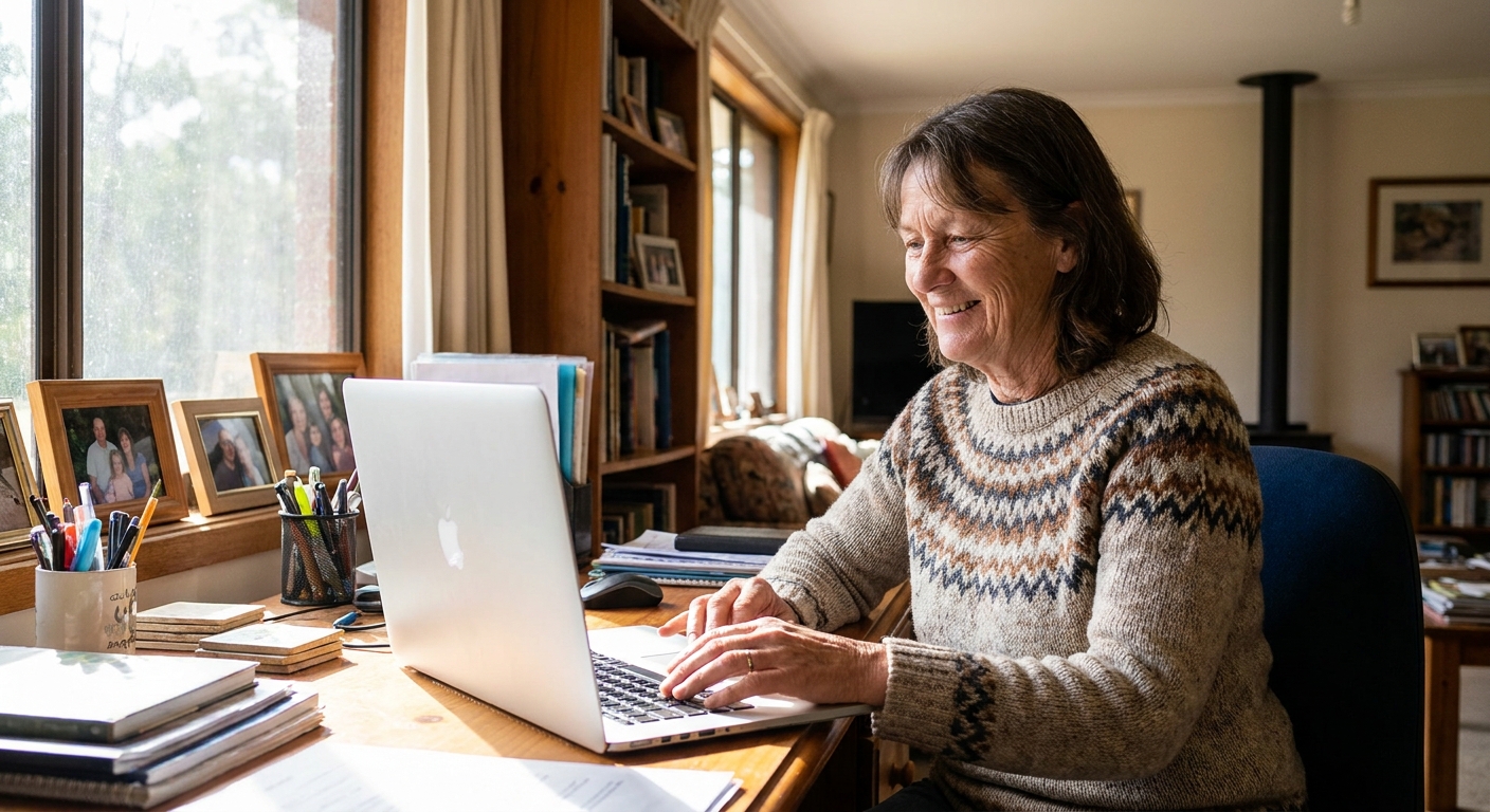 Professional computer clean-out in Kinglake West (3757) — a happy Victoria resident at home with a spotless, fast, quiet machine