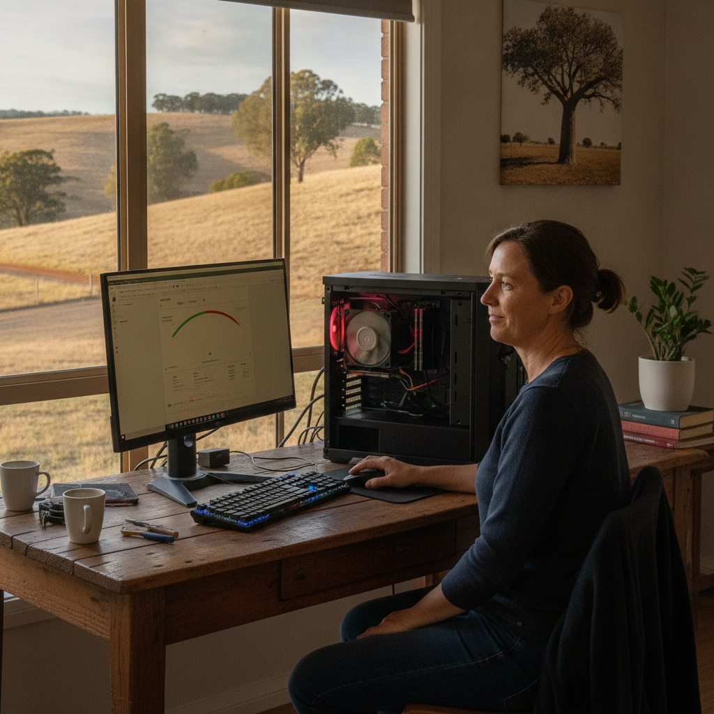 Professional computer clean-out in Kings Plains (2799) — a happy New South Wales resident at home with a spotless, fast, quiet machine