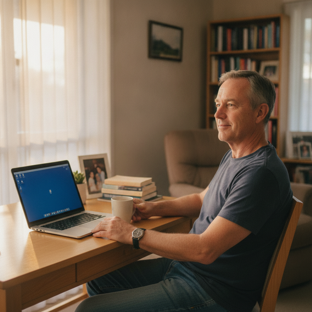 Professional computer clean-out in Kingswood (2340) — a happy New South Wales resident at home with a spotless, fast, quiet machine