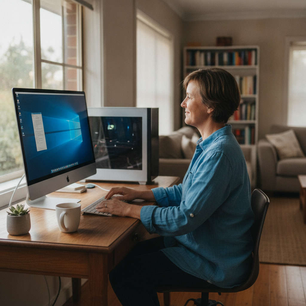 Professional computer clean-out in Kingswood (2747) — a happy New South Wales resident at home with a spotless, fast, quiet machine