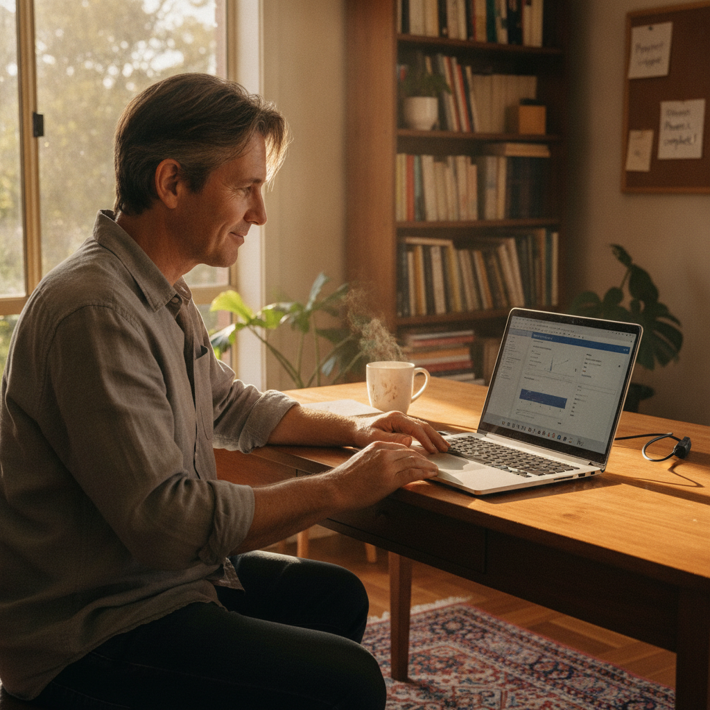 Professional computer clean-out in Kirrawee (2232) — a happy New South Wales resident at home with a spotless, fast, quiet machine