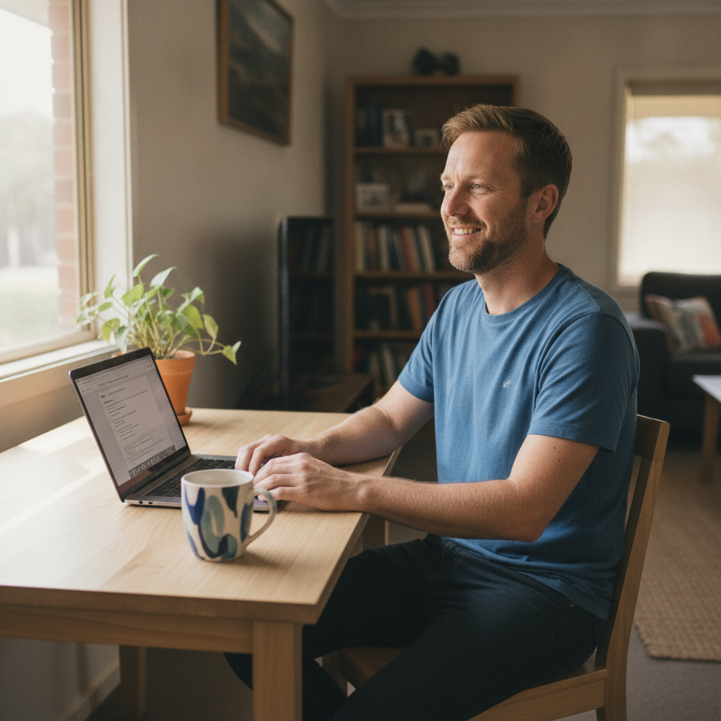 Professional computer clean-out in Kooroowi (2454) — a happy New South Wales resident at home with a spotless, fast, quiet machine