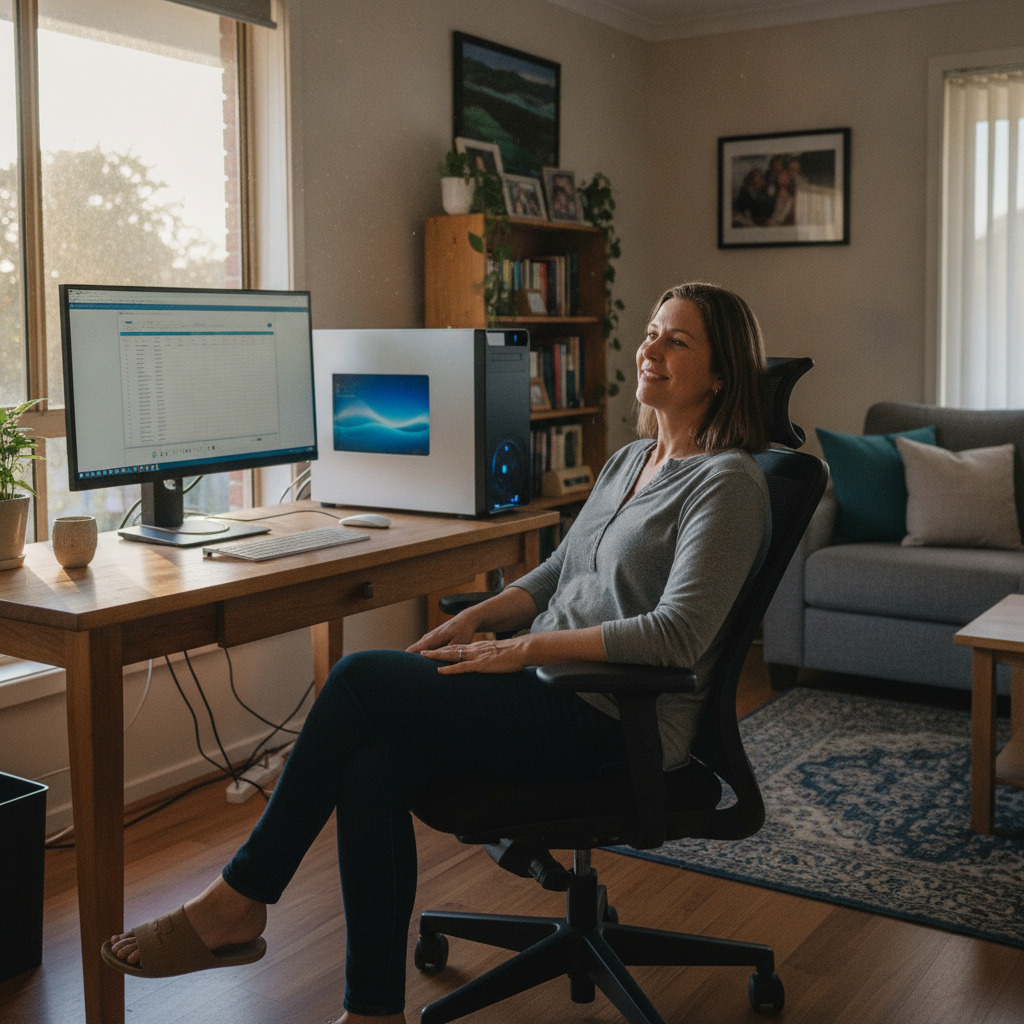 Professional computer clean-out in Kremnos (2460) — a happy New South Wales resident at home with a spotless, fast, quiet machine