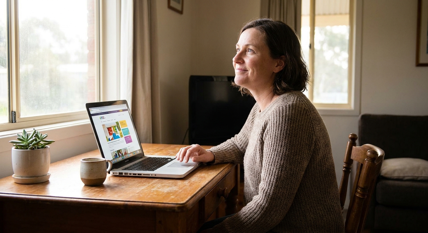 Professional computer clean-out in Lang Lang (3984) — a happy Victoria resident at home with a spotless, fast, quiet machine
