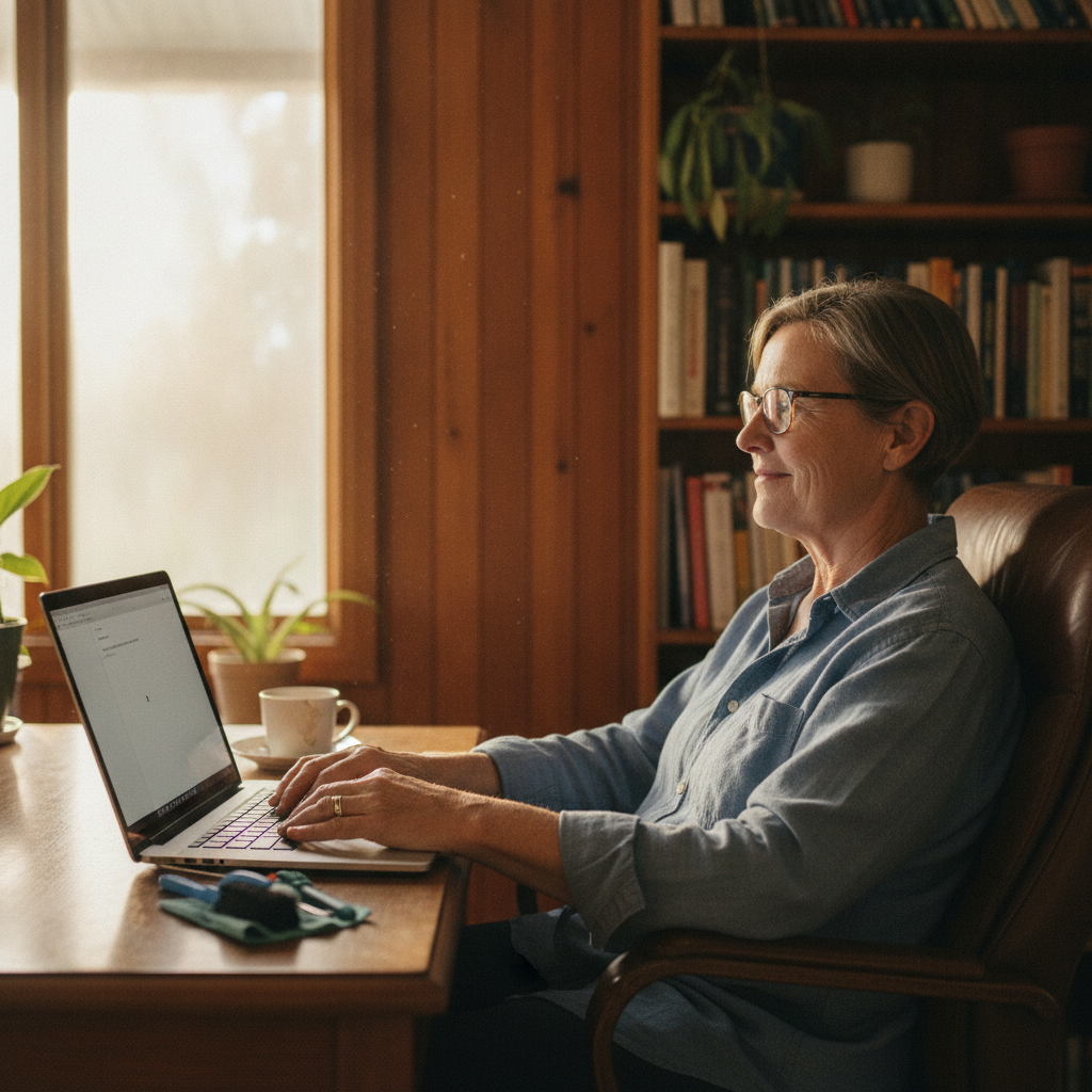 Professional computer clean-out in Lankeys Creek (2644) — a happy New South Wales resident at home with a spotless, fast, quiet machine