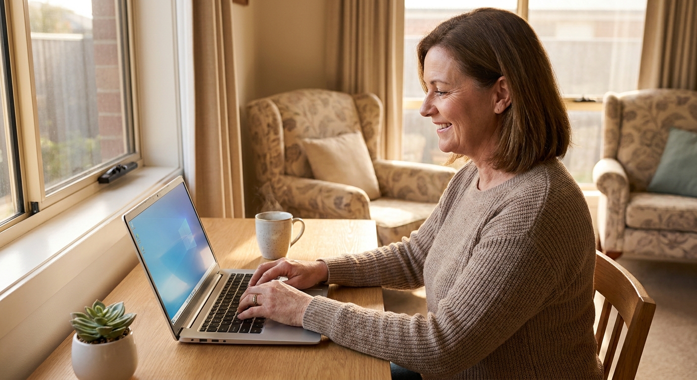 Professional computer clean-out in Lara (3212) — a happy Victoria resident at home with a spotless, fast, quiet machine