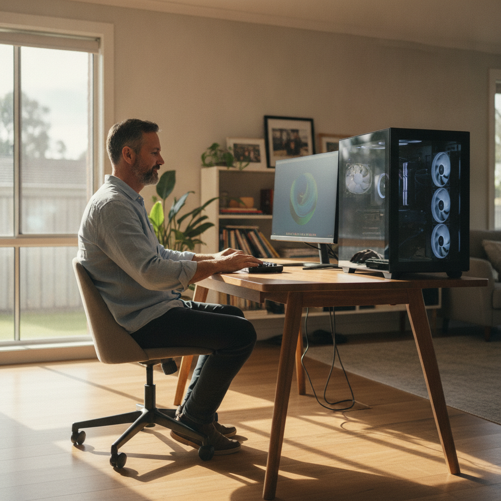 Professional computer clean-out in Leighwood (2580) — a happy New South Wales resident at home with a spotless, fast, quiet machine