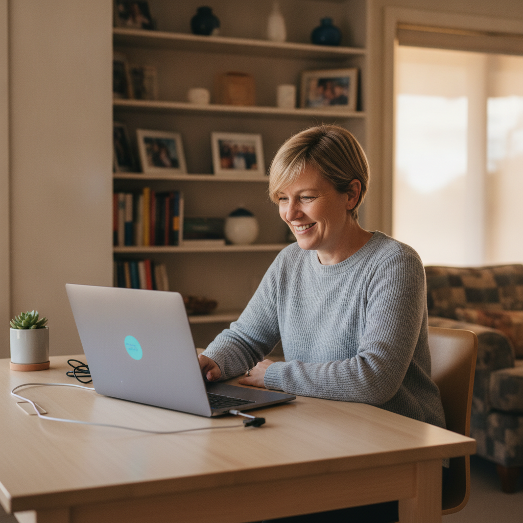 Professional computer clean-out in Llandilo (2747) — a happy New South Wales resident at home with a spotless, fast, quiet machine