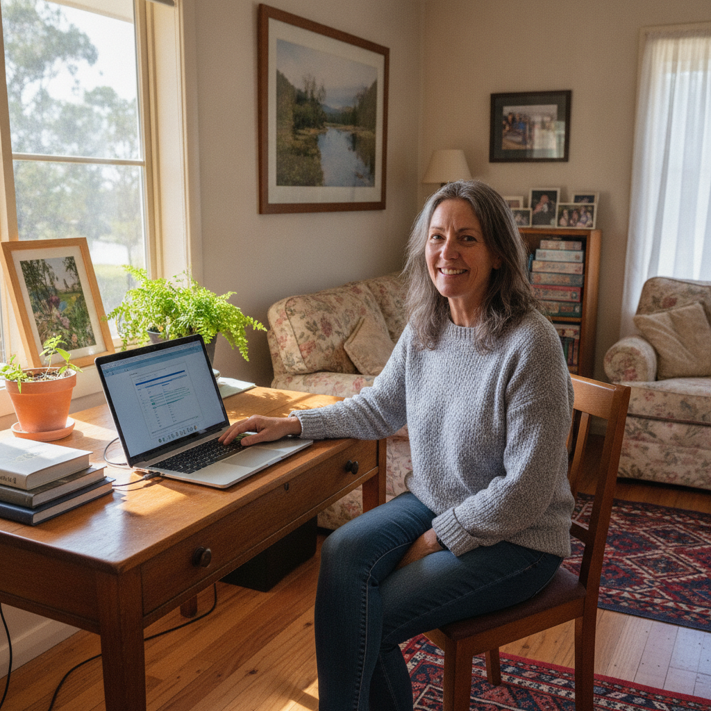 Professional computer clean-out in London Lakes (7140) — a happy Tasmania resident at home with a spotless, fast, quiet machine