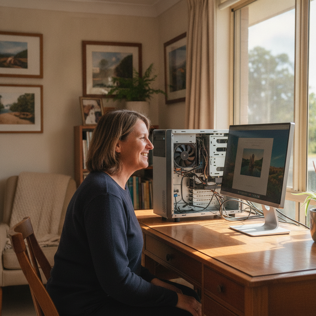 Professional computer clean-out in Long Point (2330) — a happy New South Wales resident at home with a spotless, fast, quiet machine