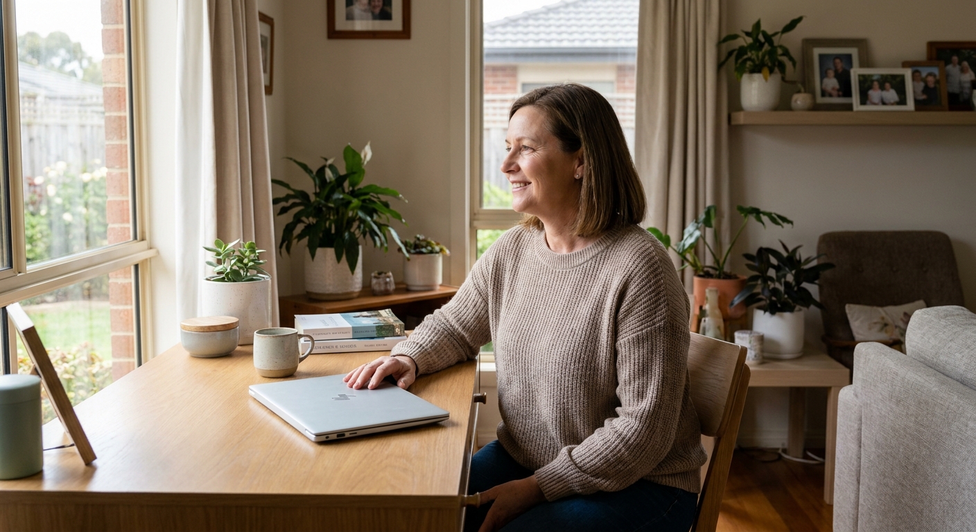 Professional computer clean-out in Lovely Banks (3221) — a happy Victoria resident at home with a spotless, fast, quiet machine