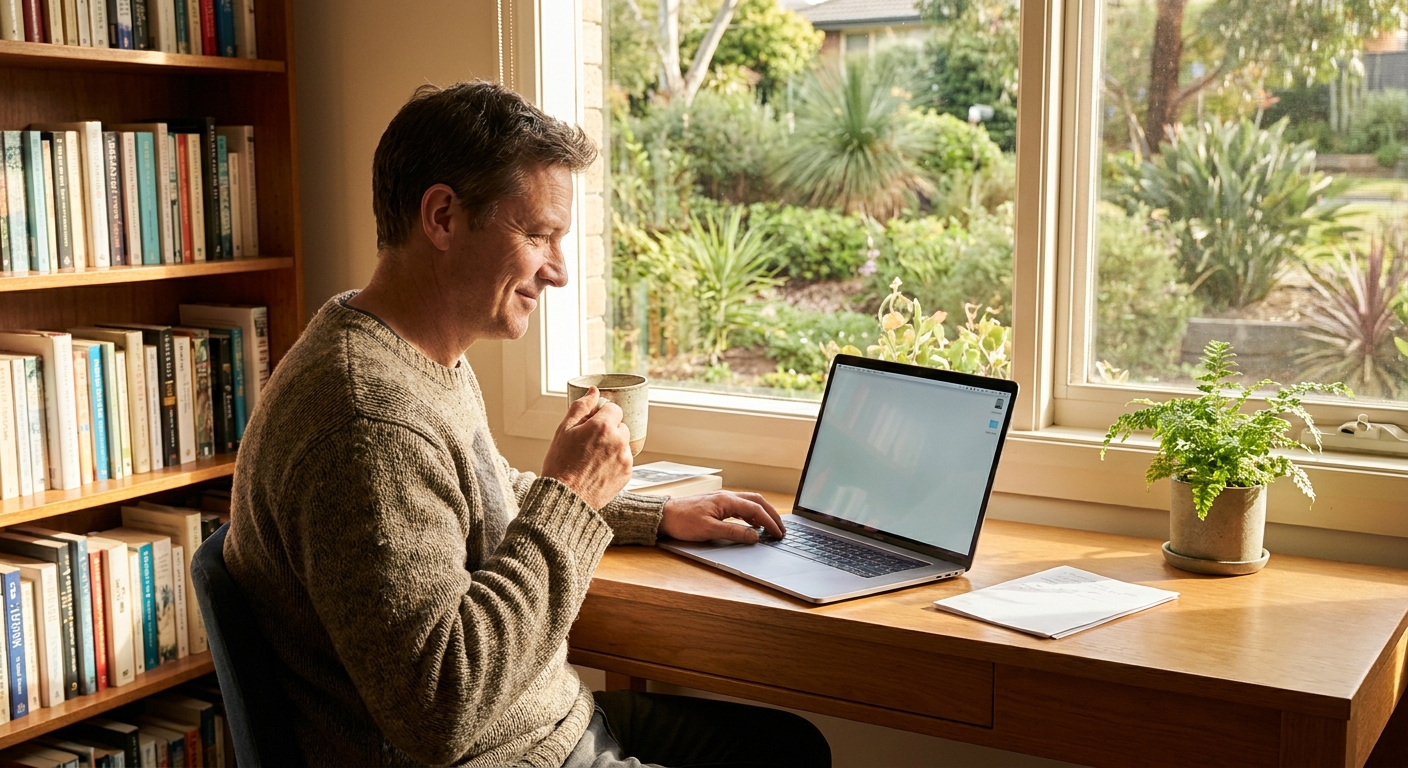 Professional computer clean-out in Lower Plenty (3093) — a happy Victoria resident at home with a spotless, fast, quiet machine