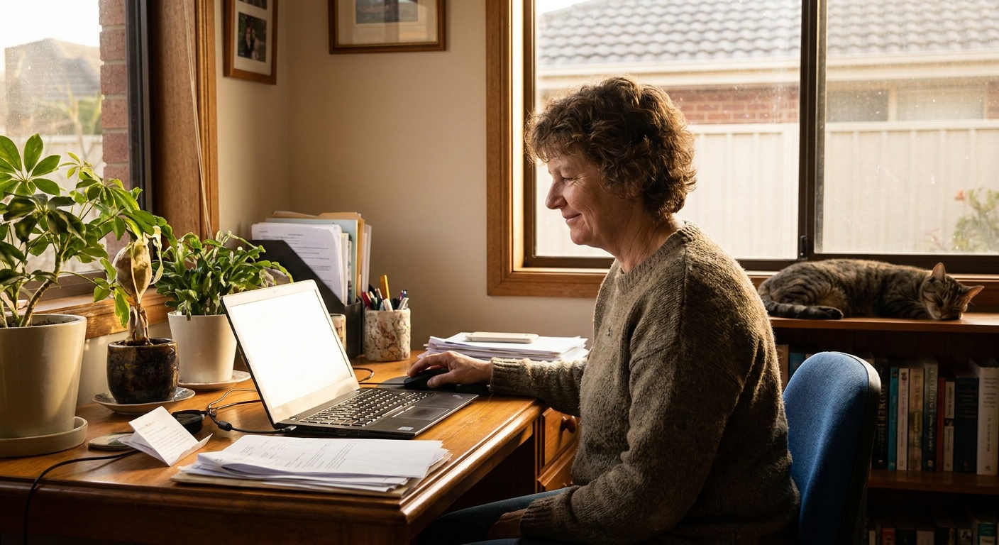 Professional computer clean-out in Lynbrook (3975) — a happy Victoria resident at home with a spotless, fast, quiet machine