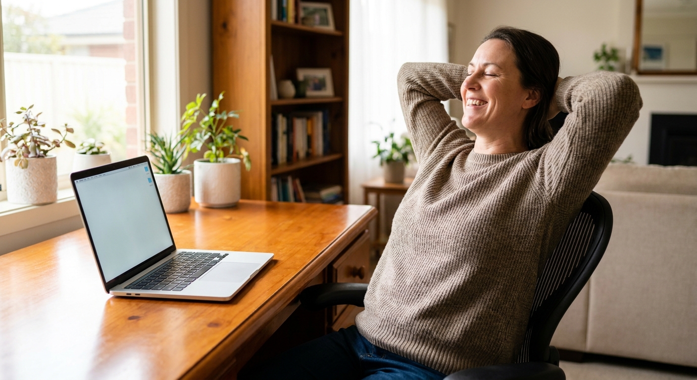 Professional computer clean-out in Lyndhurst (3975) — a happy Victoria resident at home with a spotless, fast, quiet machine