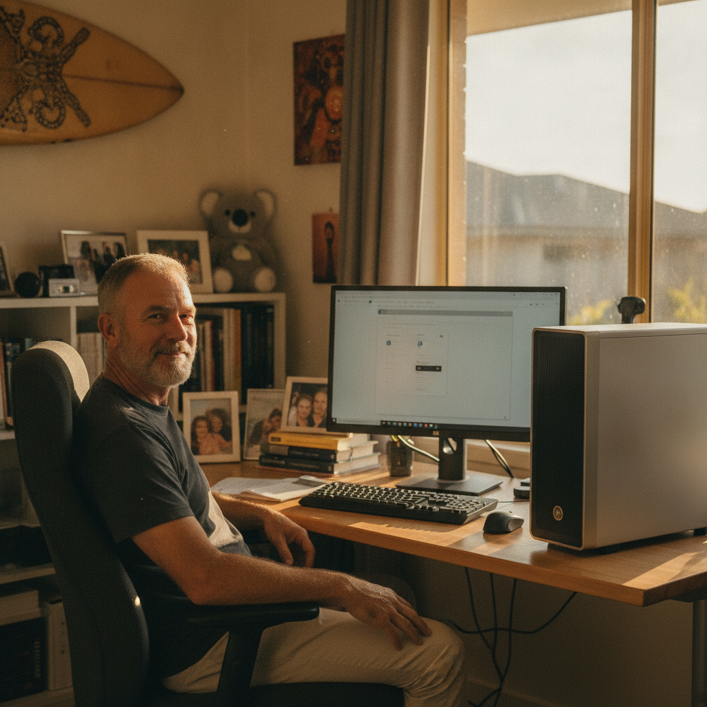 Professional computer clean-out in Mackenzie (4702) — a happy Queensland resident at home with a spotless, fast, quiet machine
