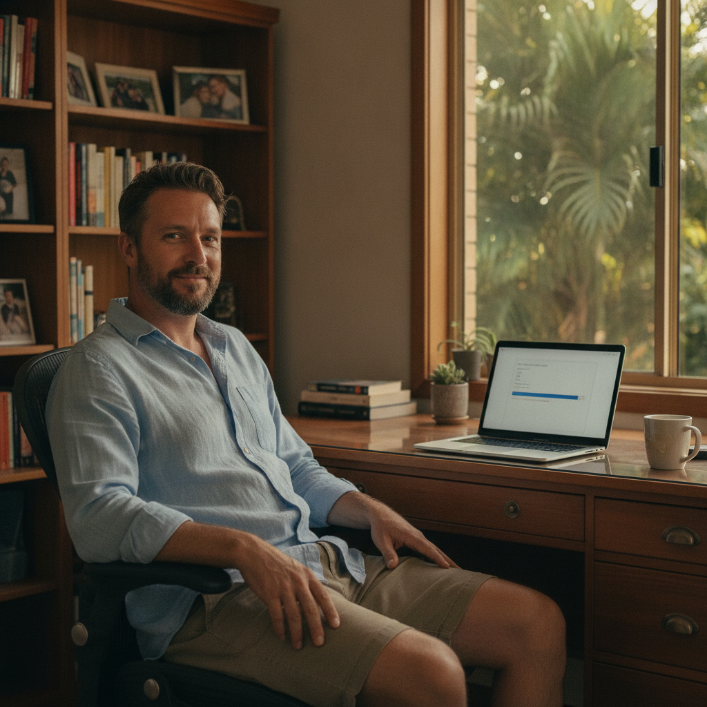 Professional computer clean-out in Macleay Island (4184) — a happy Queensland resident at home with a spotless, fast, quiet machine