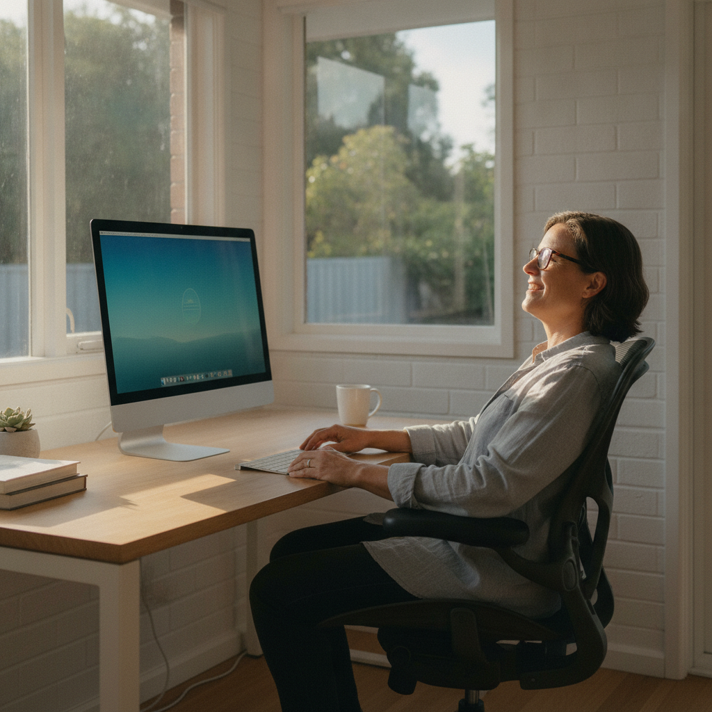 Professional computer clean-out in Macquarie Park (2113) — a happy New South Wales resident at home with a spotless, fast, quiet machine