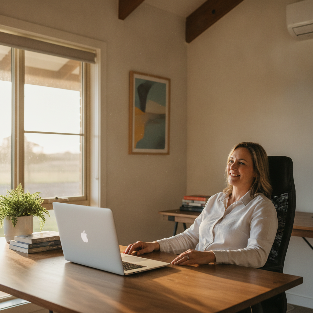 Professional computer clean-out in Mallan (3586) — a happy Victoria resident at home with a spotless, fast, quiet machine