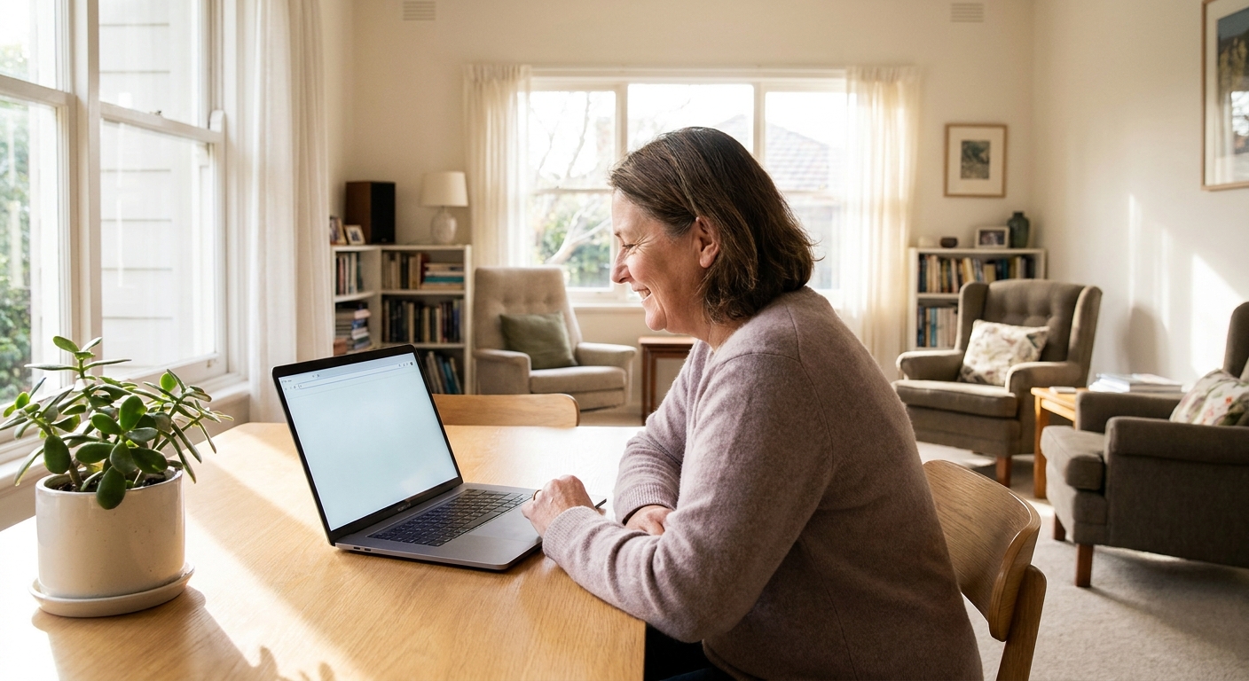 Professional computer clean-out in Malvern (3144) — a happy Victoria resident at home with a spotless, fast, quiet machine