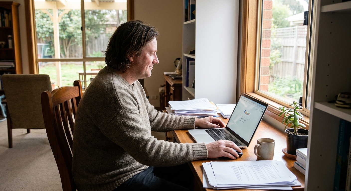 Professional computer clean-out in Mambourin (3024) — a happy Victoria resident at home with a spotless, fast, quiet machine
