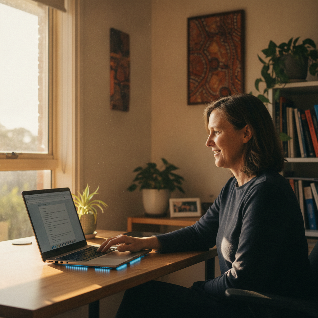 Professional computer clean-out in Manning Point (2430) — a happy New South Wales resident at home with a spotless, fast, quiet machine