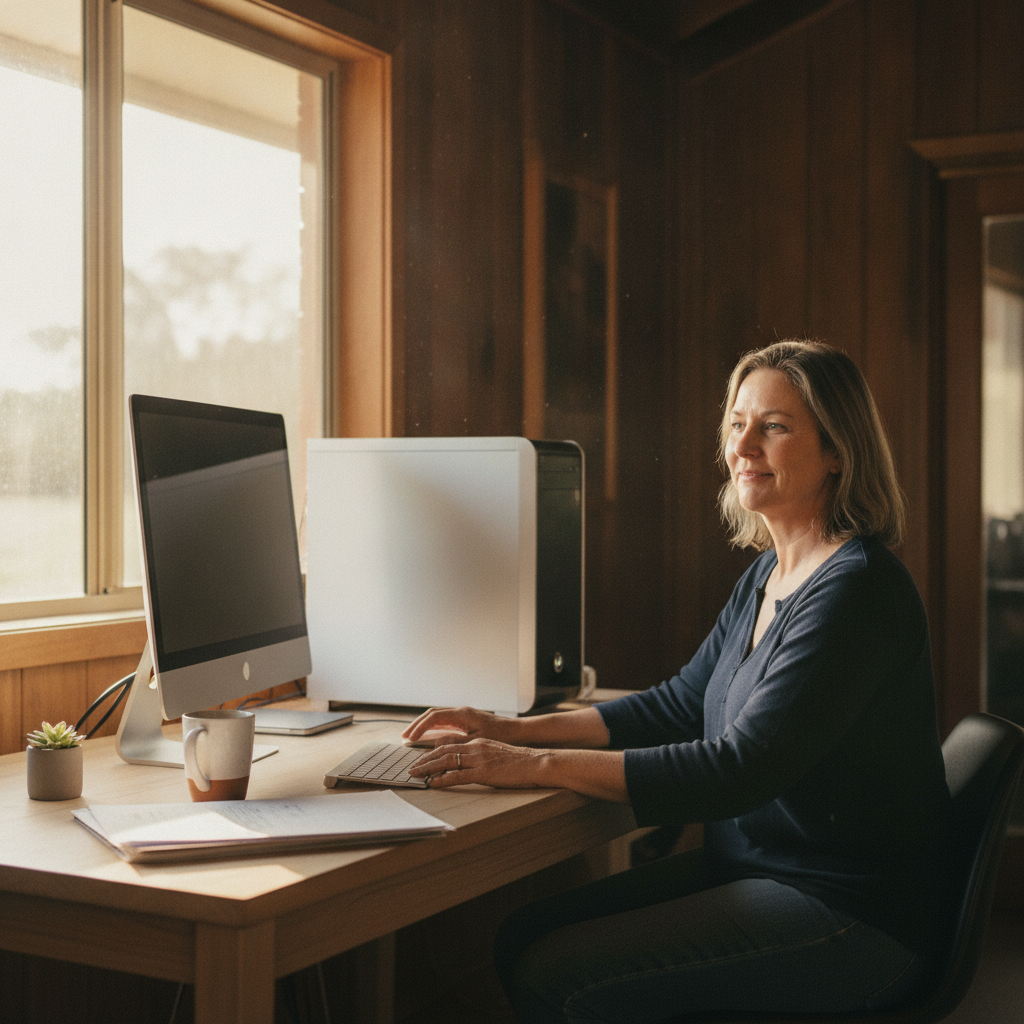 Professional computer clean-out in Mardella (6125) — a happy Western Australia resident at home with a spotless, fast, quiet machine