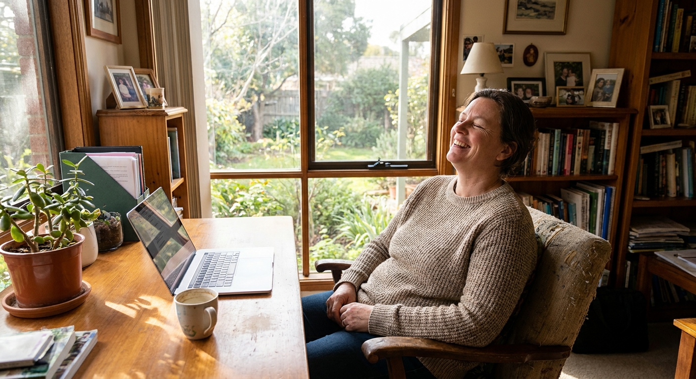 Professional computer clean-out in Maryknoll (3812) — a happy Victoria resident at home with a spotless, fast, quiet machine