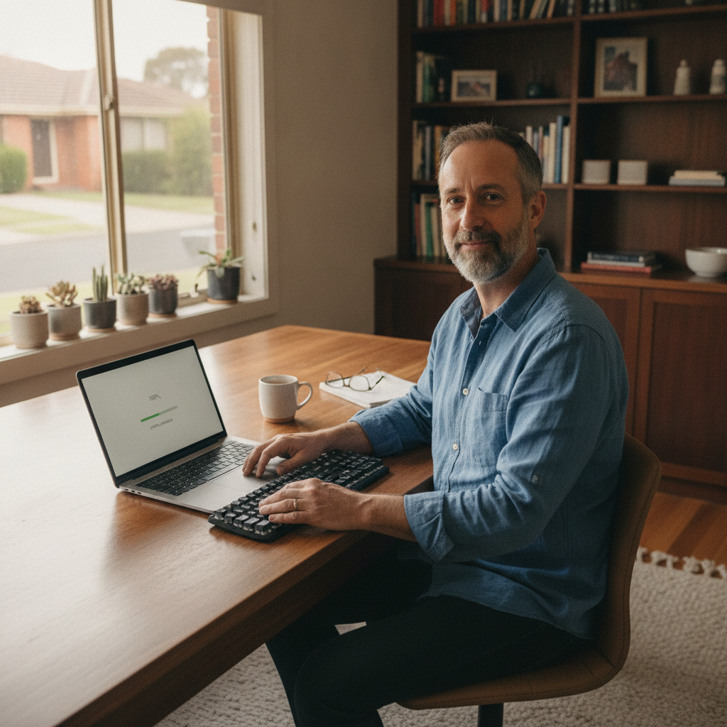 Professional computer clean-out in Maryville (2293) — a happy New South Wales resident at home with a spotless, fast, quiet machine